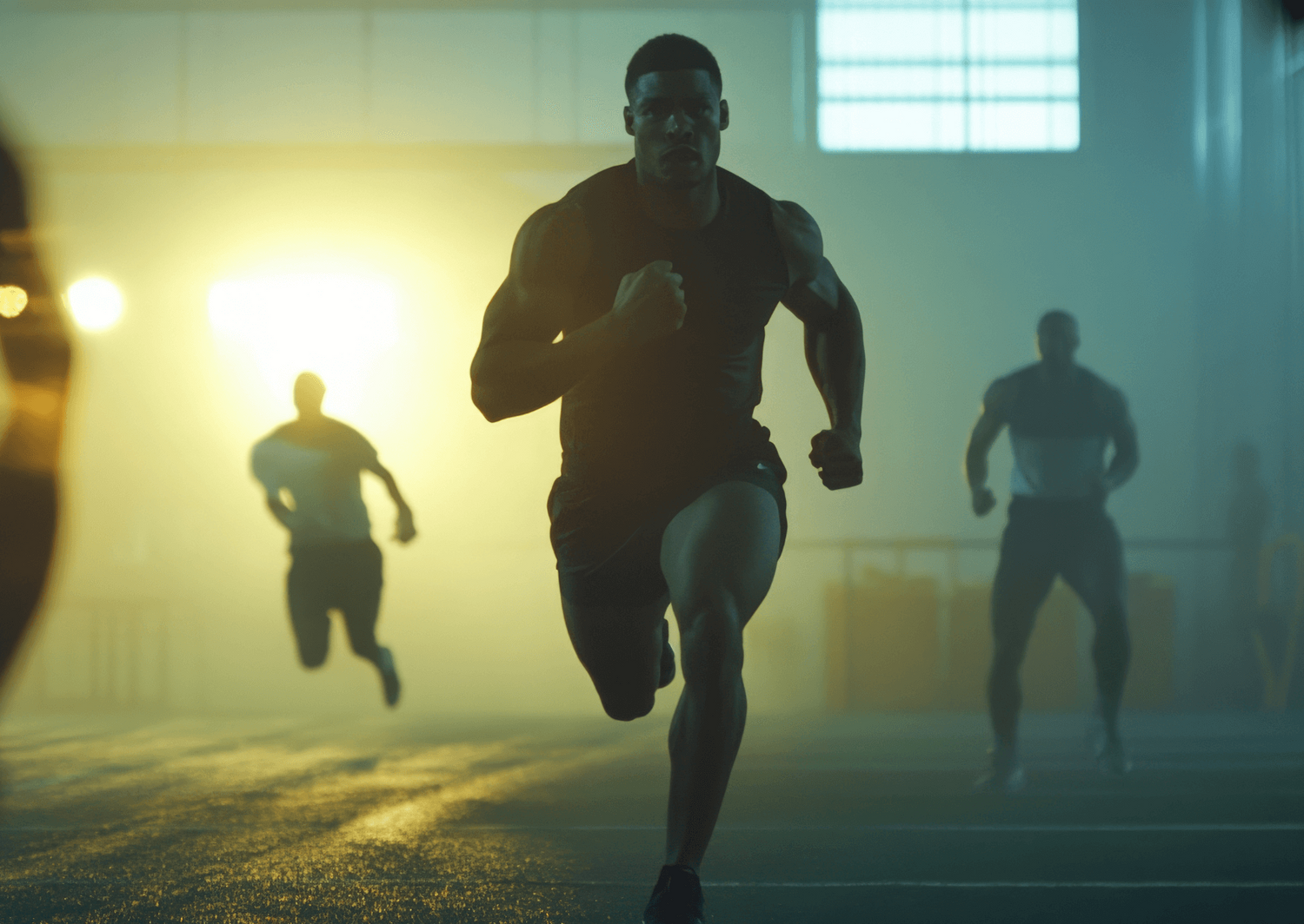 Athlete running on a track with other runners in the background